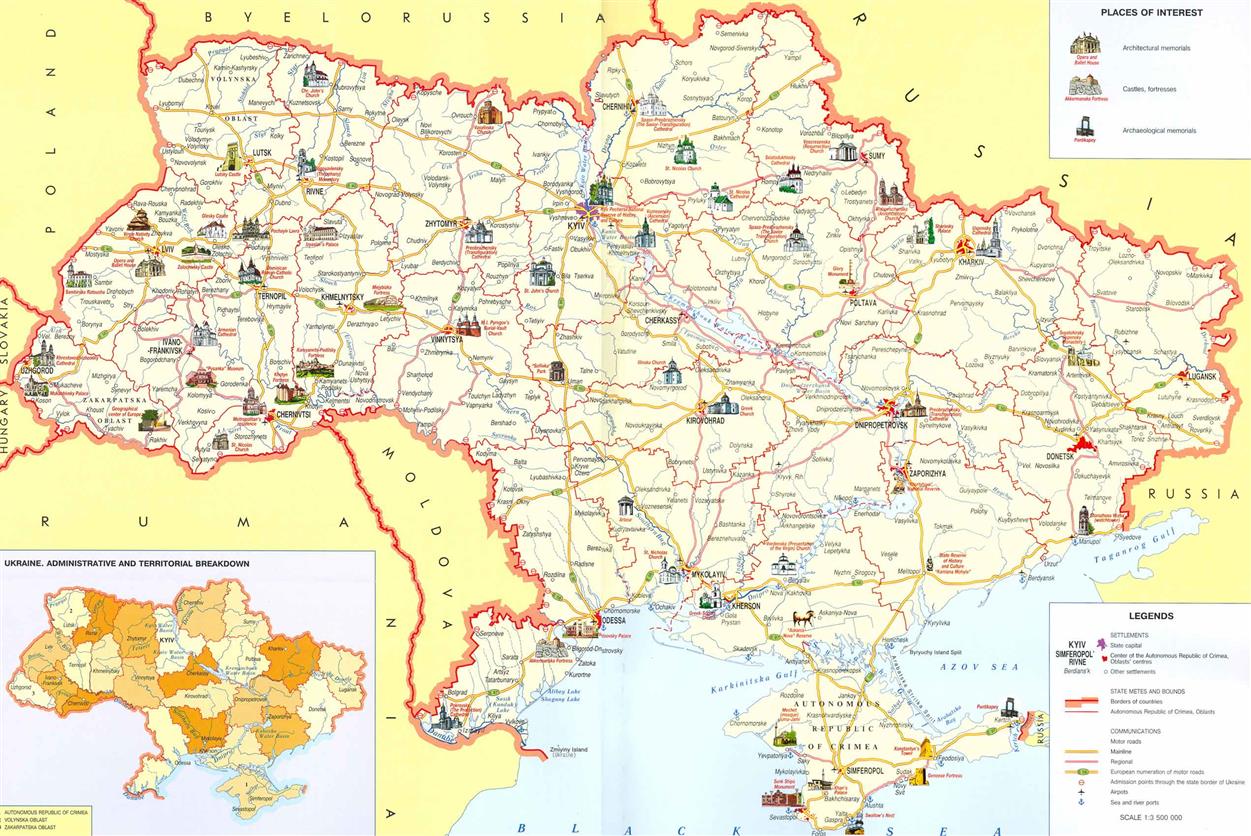Mapa Ukrajiny s odkazy na zajímavá místa