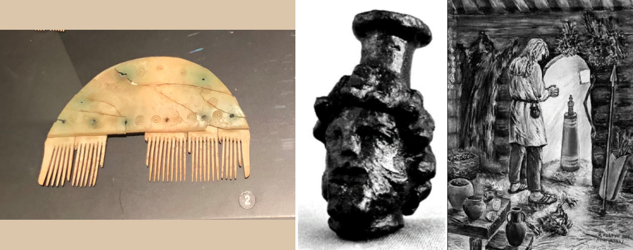 Obr. 3. Vlevo: gótský kostěný hřeben. Uprostřed: bronzová hlavička boha Sarapise. Vpravo: pravděpodobné umístění sošky v gótské chýši na Volyni.