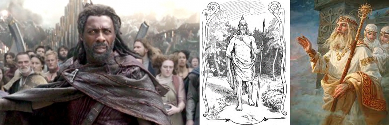 Obr. 1. Vlevo: v marvelovce „Thor – Ragnarok“ je zlatooký Heimdall jediný bůh, který se stará o osud ásgardských civilistů. Uprostřed: Heimdall na ilustraci Lorenze Frølicha k Rígsthule. Vpravo: Rod a rožanice