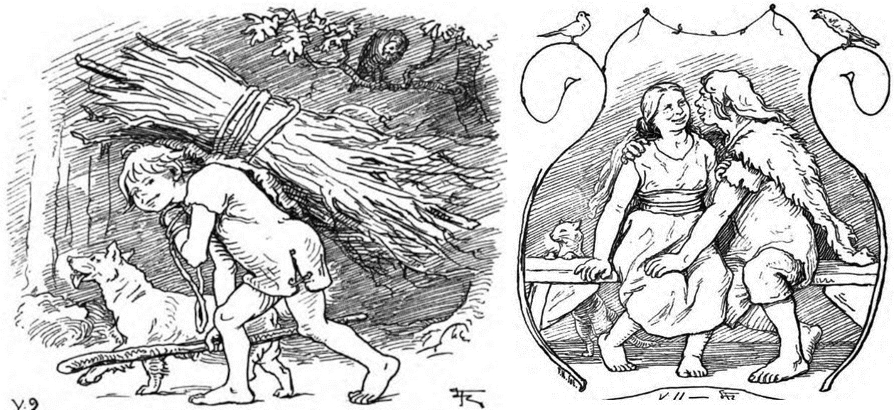 Obr. 3. Vlevo: mladý Otrok nosí dříví. Vpravo: námluvy Otroka a Otrokyně.