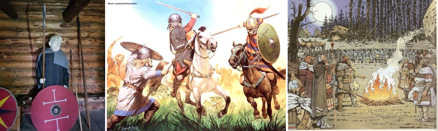 Obr. 3. Vlevo: prostý gótský voják z Masłomęcze. Uprostřed: společný útok pěšáka a jezdce na Římana. Vpravo: sněm bojovníků.
