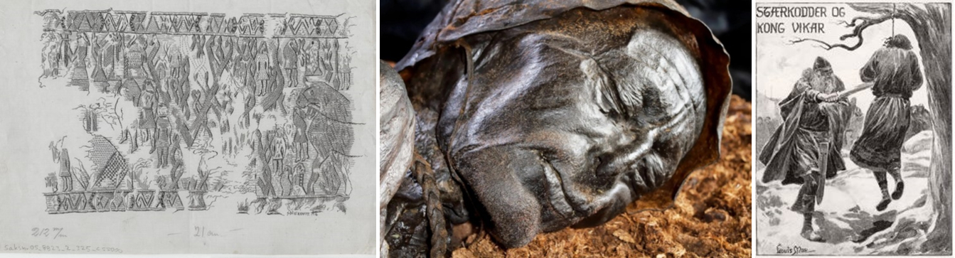 Obr. 3.: Vlevo: obětní strom s pověšenými zajatci. Rekonstrukce fragmentů tapiserie z vikingské lodi v Osebergu. Uprostřed: muž z Tollundu. Vpravo: smrt krále Víkara.