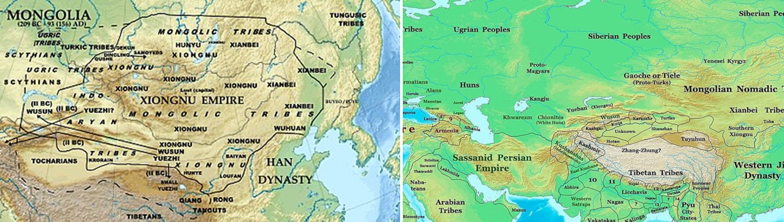 Obr. 1. Vlevo: říše Siung-nu (východních Hunů) v 3. – 1. století př. n. l. Vpravo: situace v Eurasii ve 4. století n. l. – Jižní Siung-nu v Číně, Severní Siung-nu u Altaje, Bílí Hunové v dnešním Uzbekistánu, Černí Hunové mezi Uralem a Volhou.