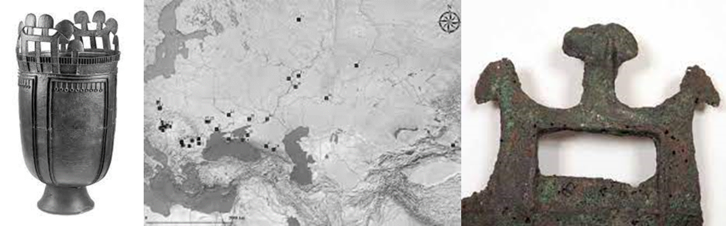 Obr. 4. Vlevo: hunský obřadní kotel z Maďarska. Uprostřed: mapa nálezů hunských kotlů v Evropě. Vpravo: ucho hunského kotle z Razové.