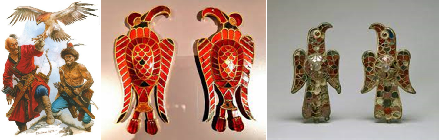 Obr. 5. Vlevo: Hunové přinesli do Evropy umění lovu s dravými ptáky. Uprostřed: orli jako ozdoby hunského sedla z Rumunska. Vpravo: vizigótské orlí spony ze Španělska.