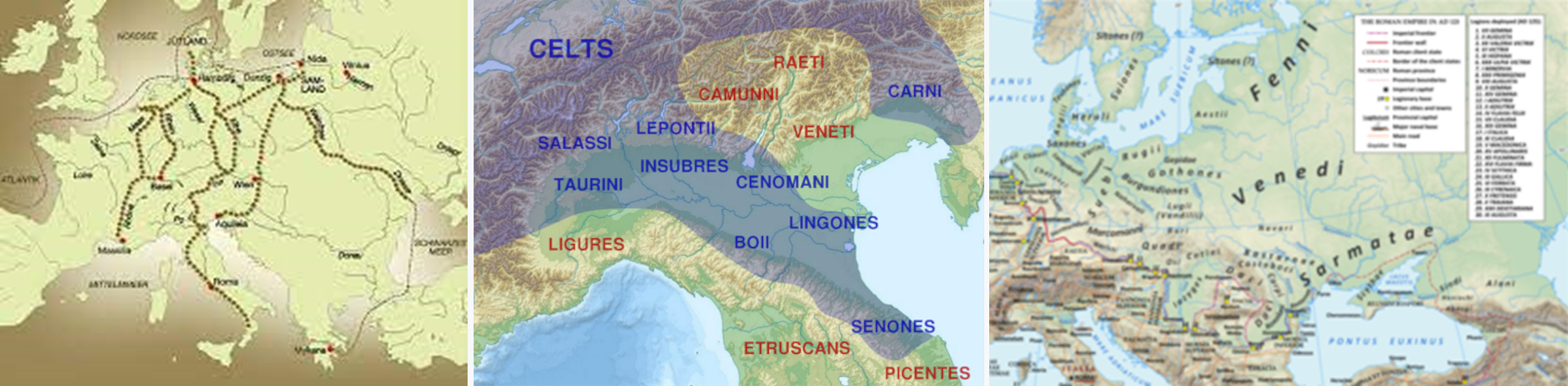 Obr. 1. Vlevo: jednotlivé větve Jantarové stezky. Uprostřed: etnika v severní Itálii doby železné. Vpravo: mapa kmenů podle Tacitovy Germánie.