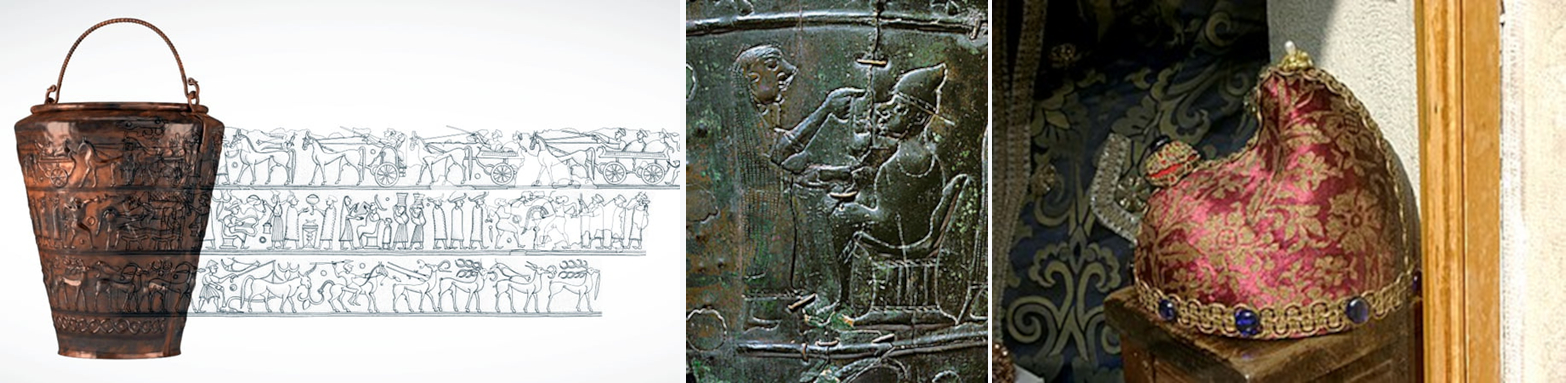 Obr.2. Vlevo: bronzové situly poskytují vhled do života Venetů. Uprostřed a vpravo: nejvýznamnější muži nosili čapku nápadně podobnou čepici benátského dóžete.