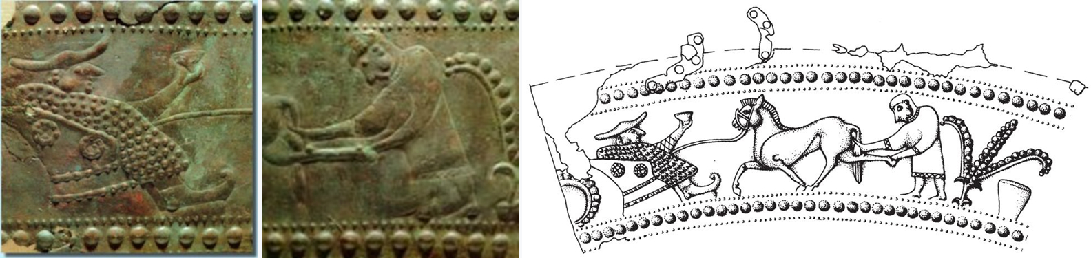 Obr. 3. Vlevo a uprostřed: venetský velmož si hoví v křesle, zatímco podkoní ošetřuje nohu jeho koně. Vpravo: kresba celého výjevu ze situly Montebelluno.