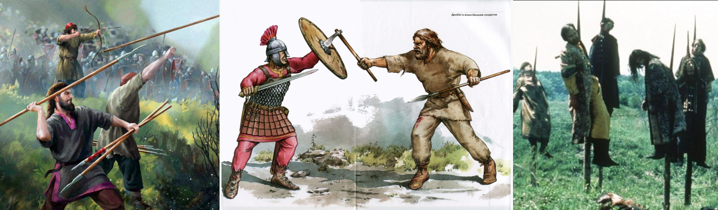 Obr. 1. Vlevo: Sklavini chodili do boje se dvěma či více oštěpy. Uprostřed: oblíbenou zbraní byla i sekera na dlouhém topůrku. Vpravo: sklavinské nájezdy rozsévaly děs.