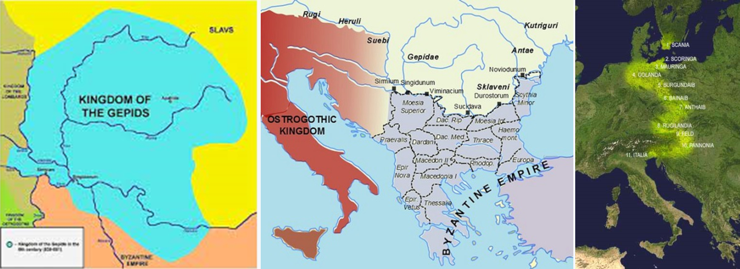 Obr. 3. Vlevo: říše Gepidů v době svého největšího rozsahu. Uprostřed: situace na Balkáně v době vlády Justiniána I. Vpravo: legendární putování Langobardů.