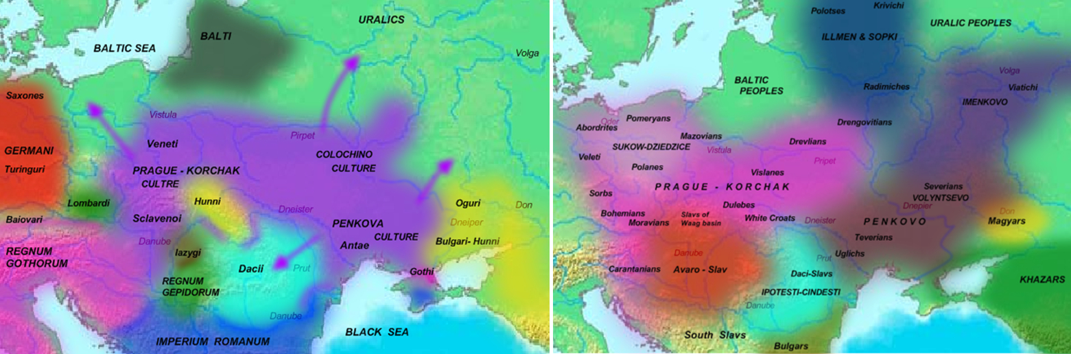 Obr. 1. Vlevo: slovanské kultury v r. 500 n. l. Vpravo: slovanské kultury a kmeny v r. 700 n. l.
