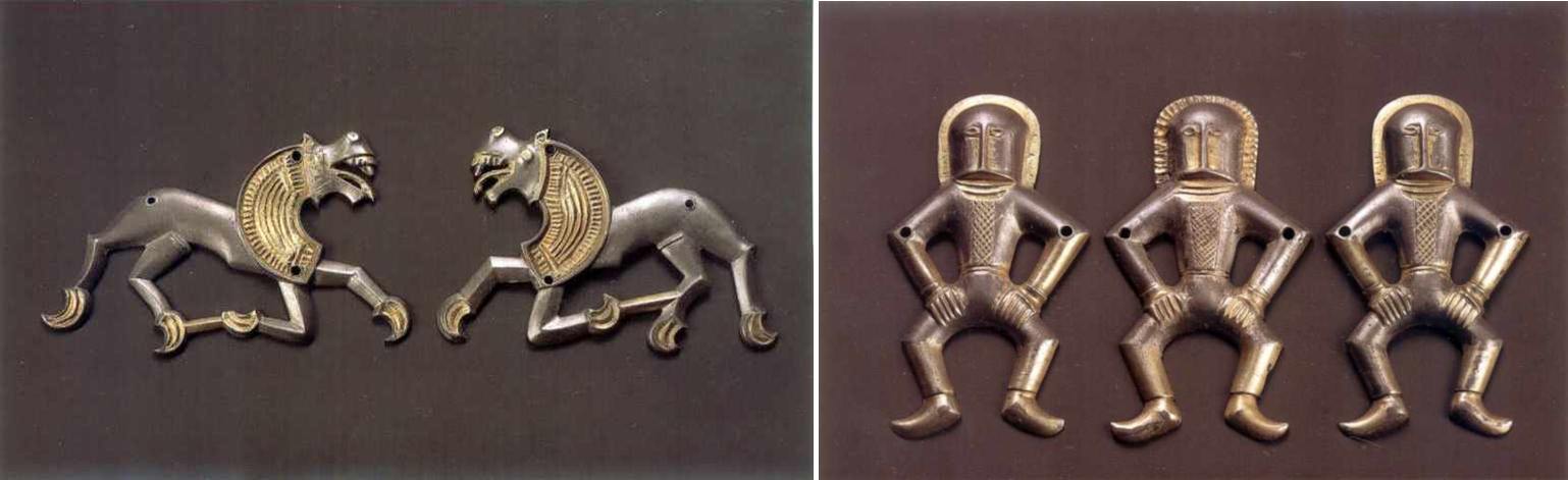 Obr. 3. Vlevo: „lvi“ z martynivského pokladu. Vpravo: slavní „tančící mužíčci“ z Martynivky, podle jedněch astronauti ve skafandrech, podle jiných Ukrajinci ve vyšyvankách tancující hopak.
