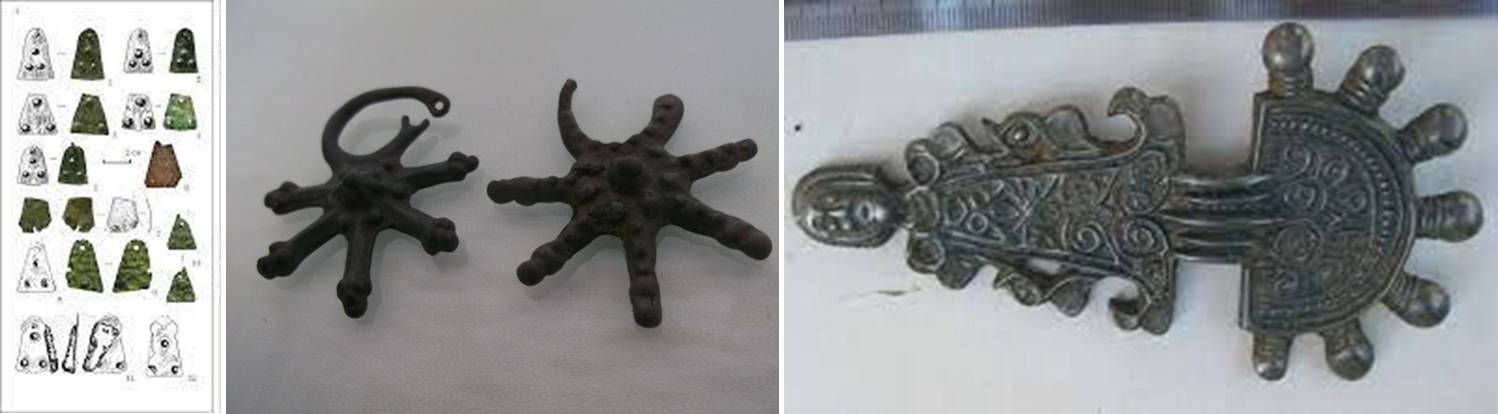Obr. 4. Vlevo: lichoběžníkové závěsky z bronzového plechu. Uprostřed: hvězdicovité náušnice. Vpravo: paprsčitá spona se zoomorfními a antropomorfními motivy.