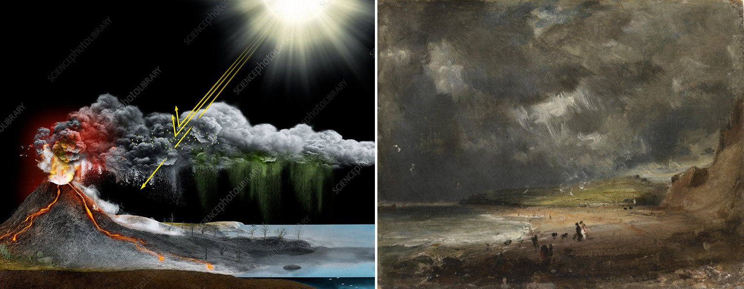 Obr. 2. Vlevo: následky masivního sopečného výbuchu. Vpravo: malíř J. Constable zachytil „rok bez léta“ po výbuchu sopky Tambora v roce 1816.