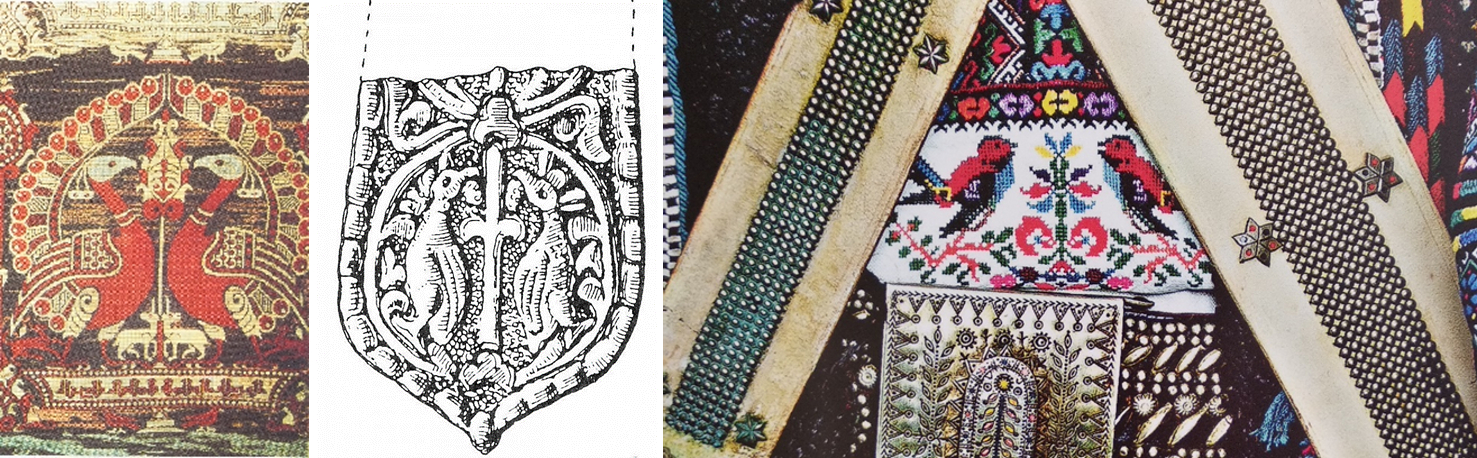 Obr. 4. Vlevo perská výšivka z hrobu sv. Sernina v opatství Cluny (Francie). Uprostřed velkomoravské nákončí opasku z Mikulčic. Vpravo ukrajinská vyšivanka.