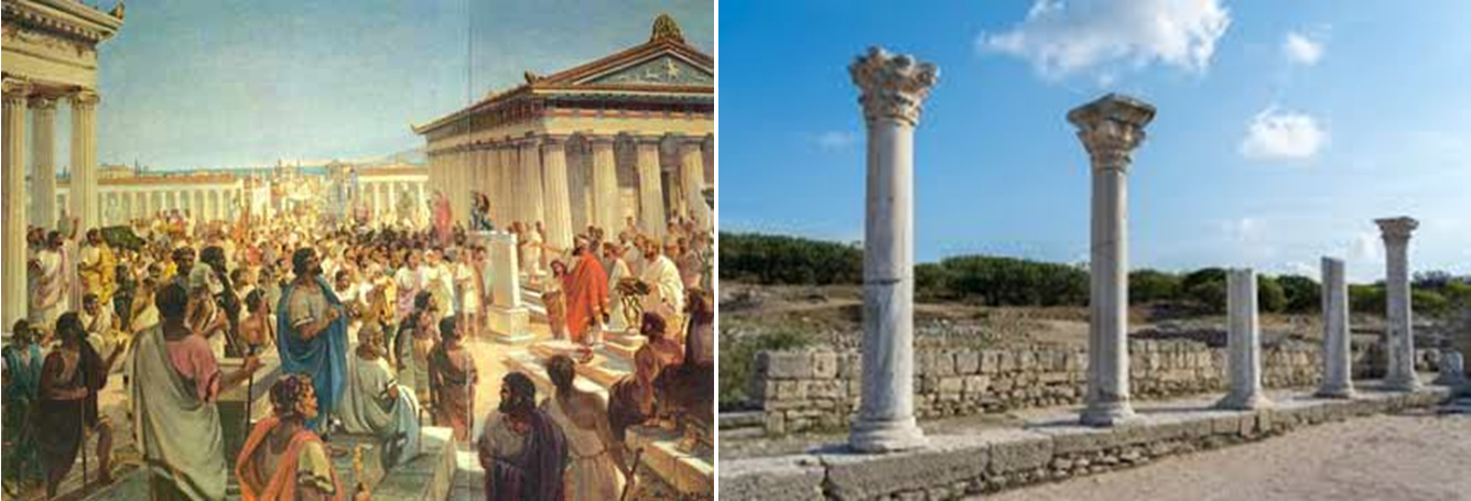 Obr. 3. Vlevo: krymský Chersonésos v dobách své slávy. Vpravo: Chersonésos dnes
