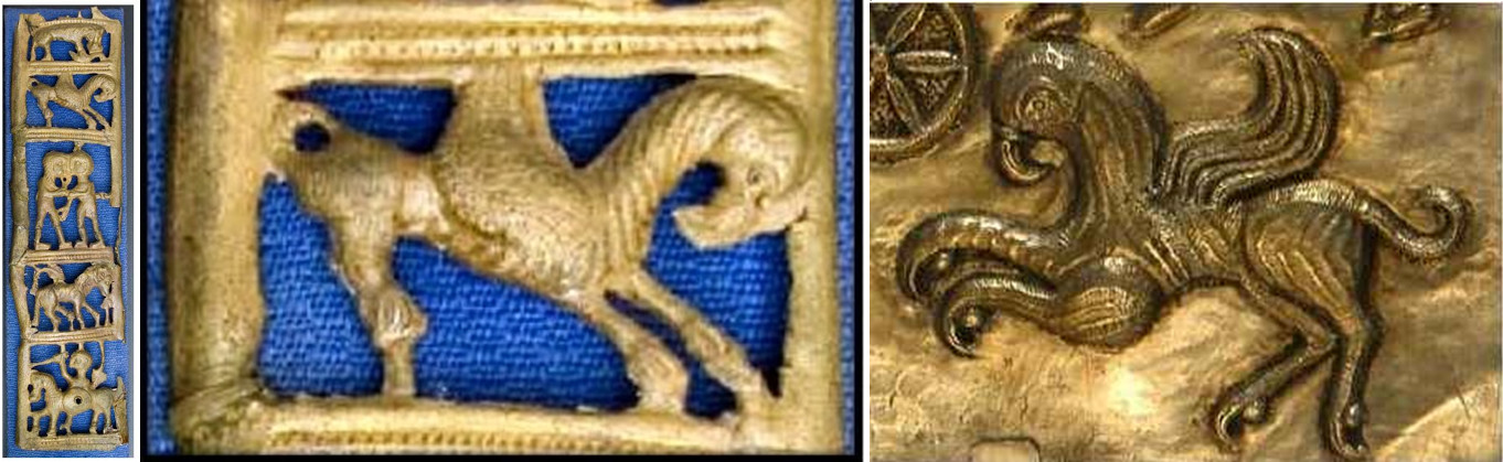 Obr. 3. Vlevo: zlaté kování pochvy meče z Hryniva, Lvovská oblast. Uprostřed: detail gryfa. Vpravo: detail gryfa z Gundestrupského kotle (vyroben Kelty v Thrákii, nalezen utopený v dánské bažině)