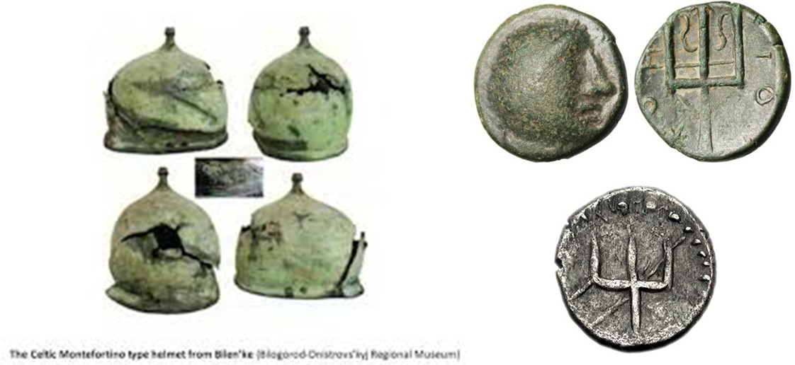 Obr. 4. Vlevo: Keltské přílby z Bilska, Poltavská oblast. Vpravo nahoře: Bastarnská mince z Thrákie, na líci hlava říčního boha, na rubu zdobený trojzubec. Vpravo dole: Keltská mince s motivem trojzubce z Británie.
