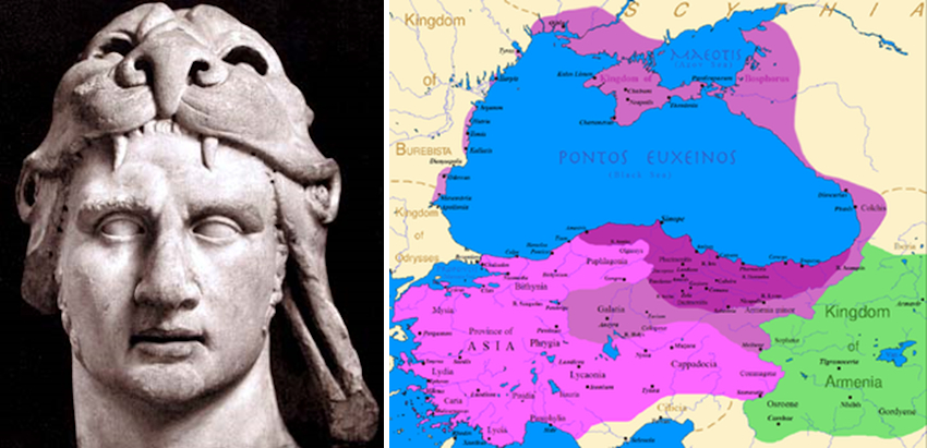 Obr. 1: Vlevo: bysta Mithridata VI. Eupatora. Vpravo: Mithridatova říše. Tmavě fialová – původní rozsah Pontského království; šedofialová – první výboje; světle fialová – území dobytá na Římu v první mithridatovské válce.