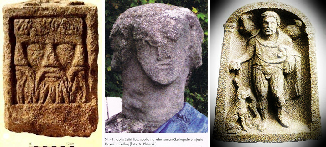 Obr. 4. Vlevo: Reliéf boha Luga z Remeše. Uprostřed: Stéla slovanského boha se čtyřmi tvářemi z Plavče. Vpravo: Bůh Lugus se dvěma havrany.
