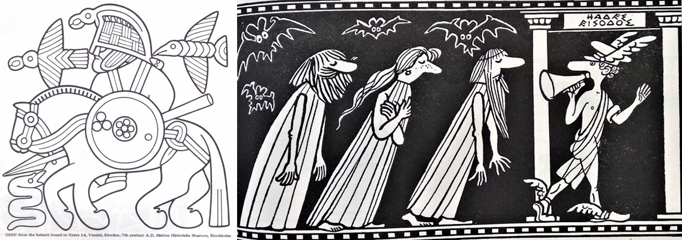 Obr. 5. Vlevo: Bůh Odin se dvěma havrany. Vpravo: Hermés Psýchopompos (průvodce mrtvých) v podání kreslíře Neprakty.