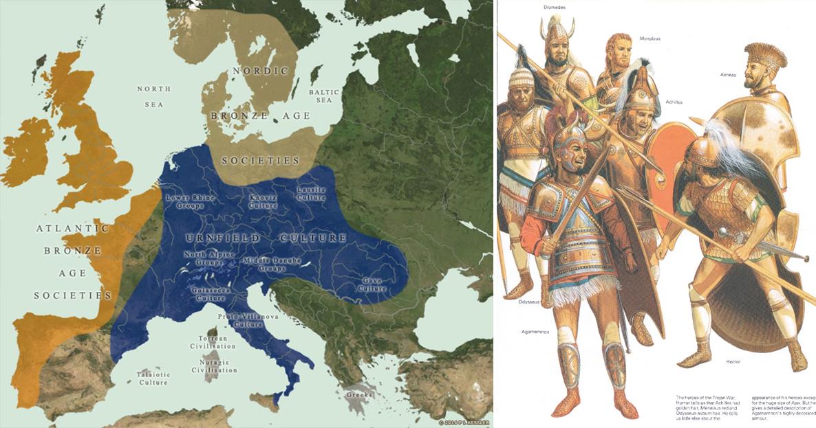 Vlevo ozdní doba bronzová ve střední a západní Evropě, vpravo výzbroj a výstroj homérských hrdinů