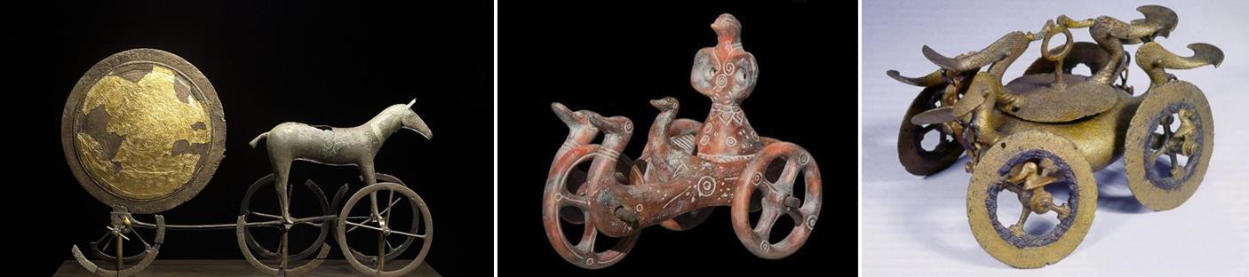 Vlevo sluneční vozík z Dánska, uprostřed božstvo na voze taženém vodními ptáky (Srbsko), vpravo bronzový vozík s motivem ptáků (Rumunsko)
