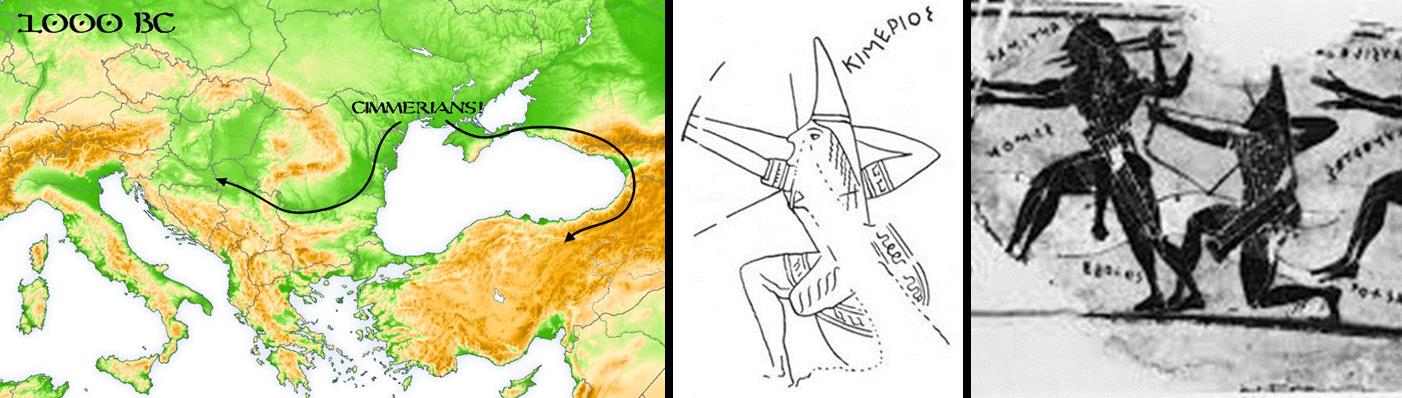 Obr. 1. Vlevo: tažení Kimmerijců. Uprostřed a vpravo: vyobrazení kimmerijských lučištníků na attické váze z 6. století př. n.l.
