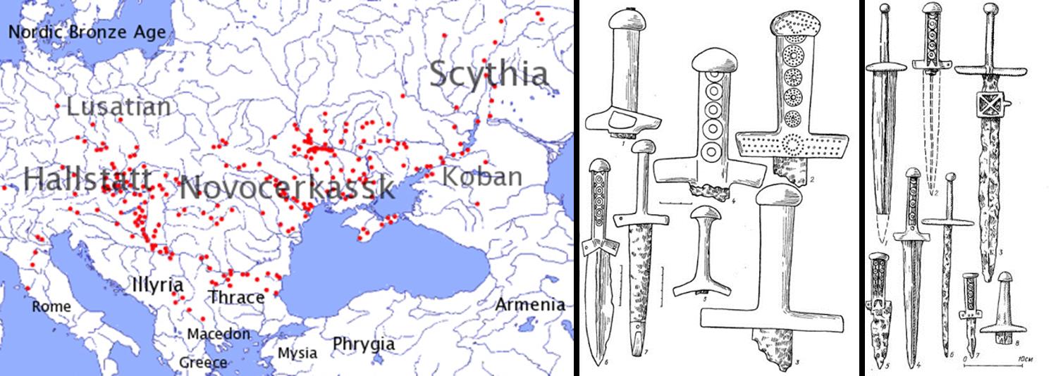 Obr. 3. Vlevo: rozmístění kimmerijských nálezů v Evropě. Uprostřed: kimmerijské meče a dýky ze severního Kavkazu, vpravo: ze střední Evropy.