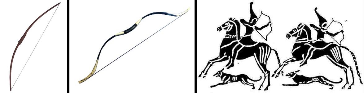 Obr. 4. Vlevo: jednoduchý dlouhý luk. Uprostřed: reflexní kompozitní luk. Vpravo: vyobrazení Kimmerijců na etruské váze.