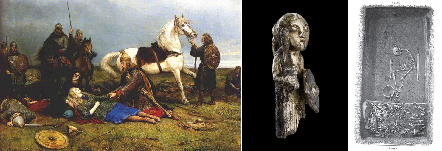 Obr. 2. Vlevo: Smrt štítonošky Hervor v bitvě mezi Góty a Huny (snad někde u Azovského moře). Uprostřed: bronzová soška štítonošky z Dánska. Vpravo: Hrob ženy s koněm a zbraněmi ve švédské Birce.