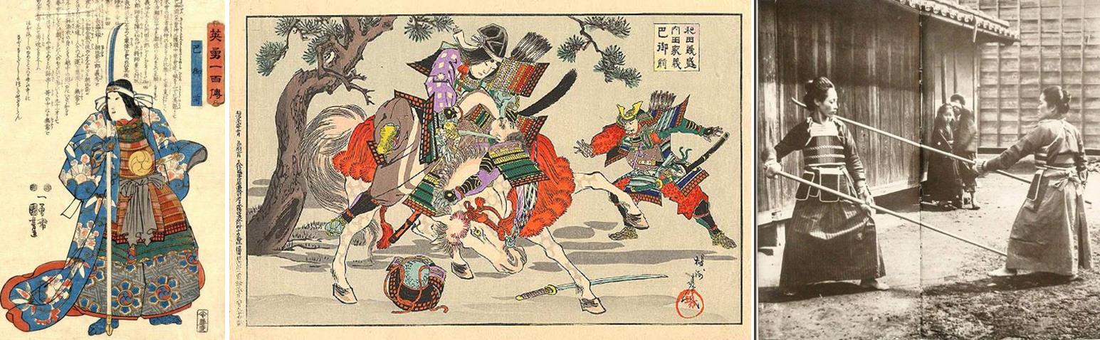 Obr. 4. Vlevo: Japonská bojovnice onna-bugejša s typickou zbraní – naginatou. Uprostřed: Onna-bugejša v akci. Vpravo: Japonské ženy cvičí s naginatou.