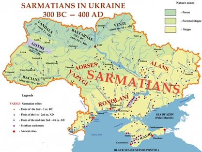 Obr. 1. Mapa sarmatských kmenů na Ukrajině.