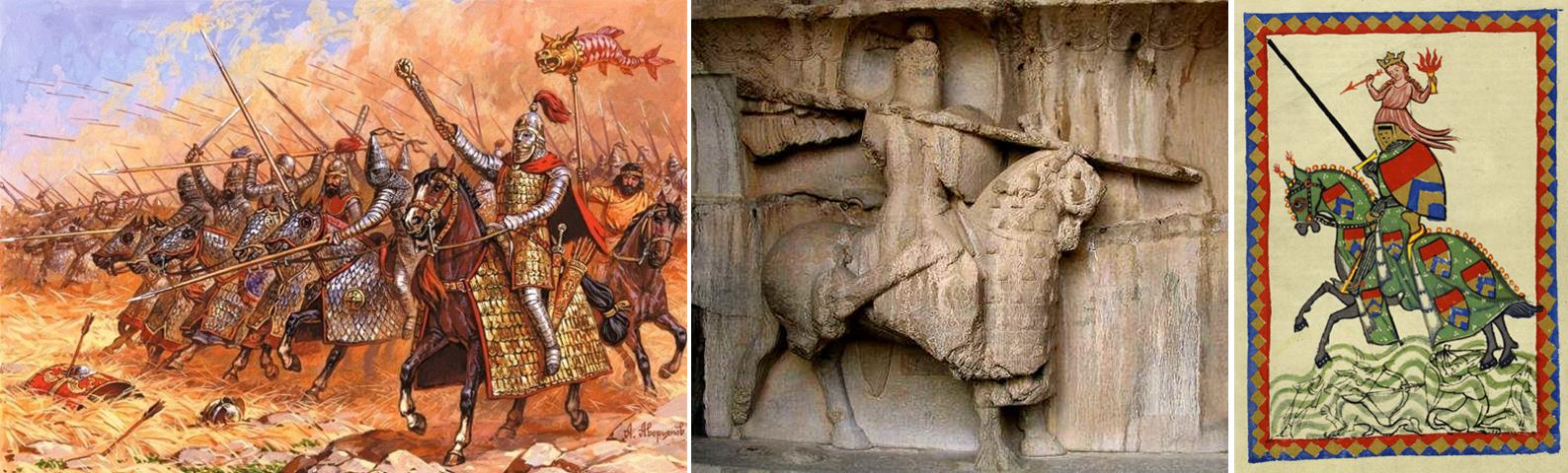 Obr.2. Vlevo: útok katafraktů, v pozadí sarmatská dračí standarta. Uprostřed: perský katafrakt z počátku 7. století n.l. Vpravo: středověký rytíř.