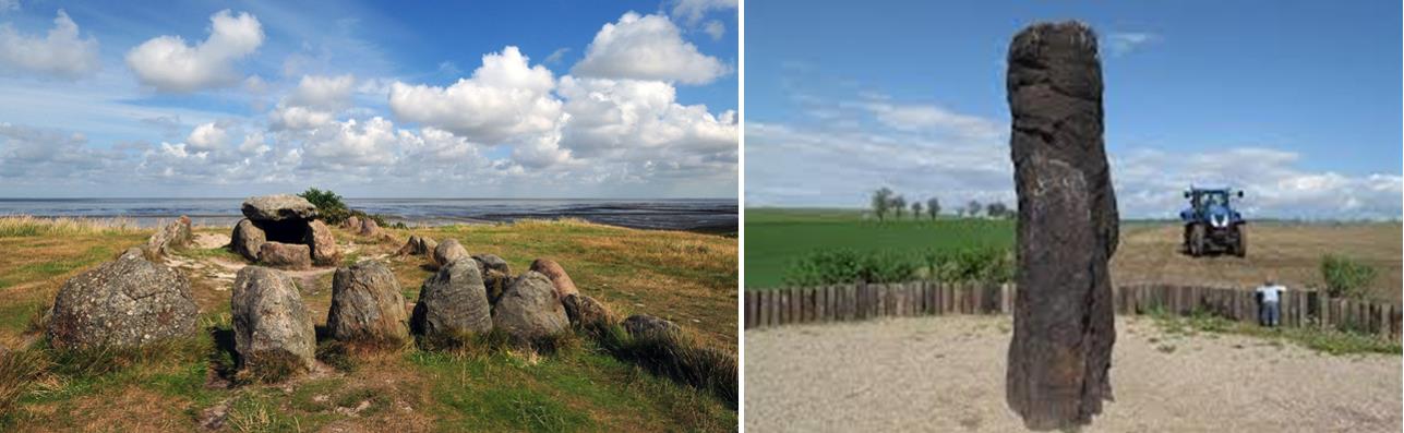Vlevo: dolmen na německém ostrově Sylt. Vpravo: náš jediný oficiálně uznaný menhir v Klobukách.