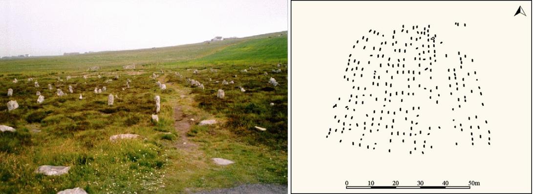 Kamenné řady na Hill o´ Many Stanes ve Skotsku a plánek jejich rozmístění.