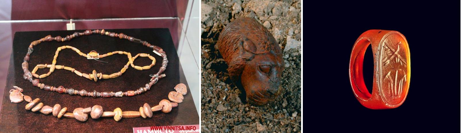a) Jantarové šperky z Ukrajiny. b) Jantarová lví hlavička ze Sýrie. c) Jantarový pečetní prsten z Egypta.