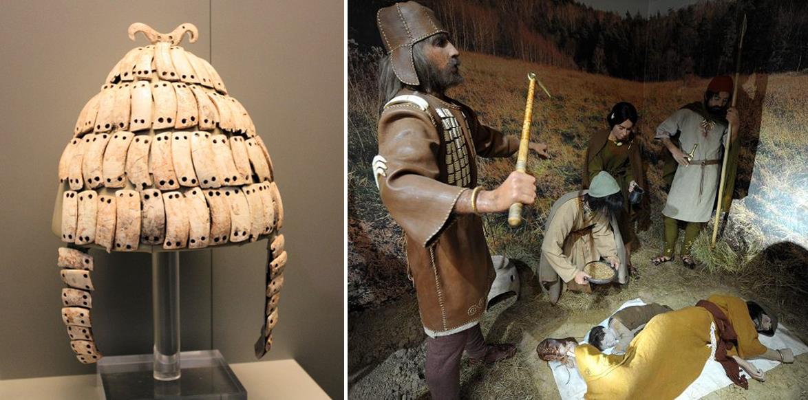 Našívané destičky z kančích klů představovaly ochranu jak fyzickou, tak duchovní. Vlevo: helma válečníka z Mykén. Vpravo: šaman z rekonstrukce pohřbu v Nižnej Myšli.