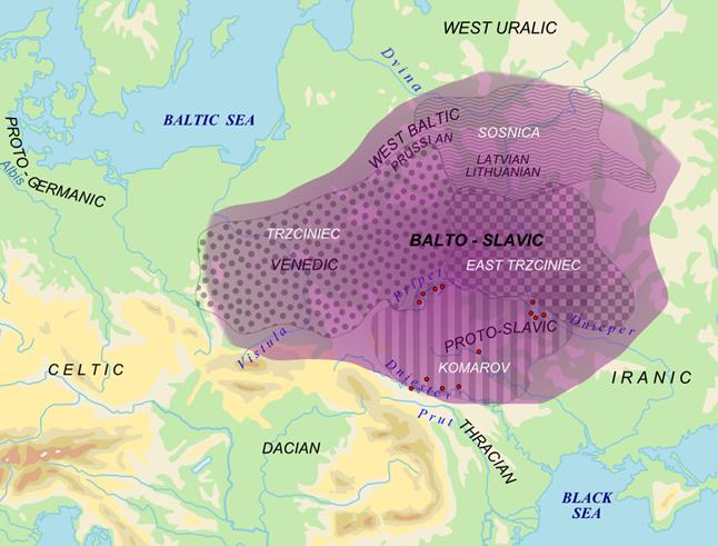 Mapka ukazuje archeologickou lokalizaci kultury komarivské a trzciniecké ve srovnání s lingvistickým mapováním vývoje baltoslovanských jazyků.