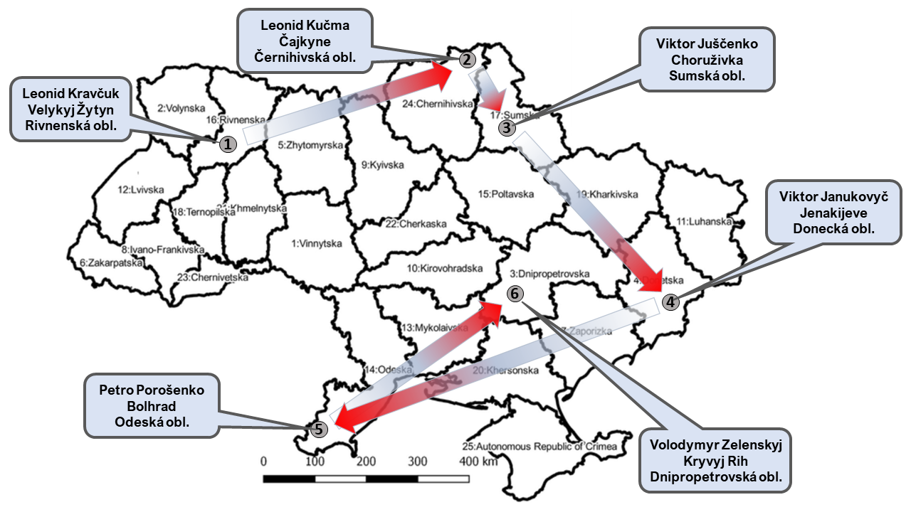 mapa rodišť ukrajinských presidentů