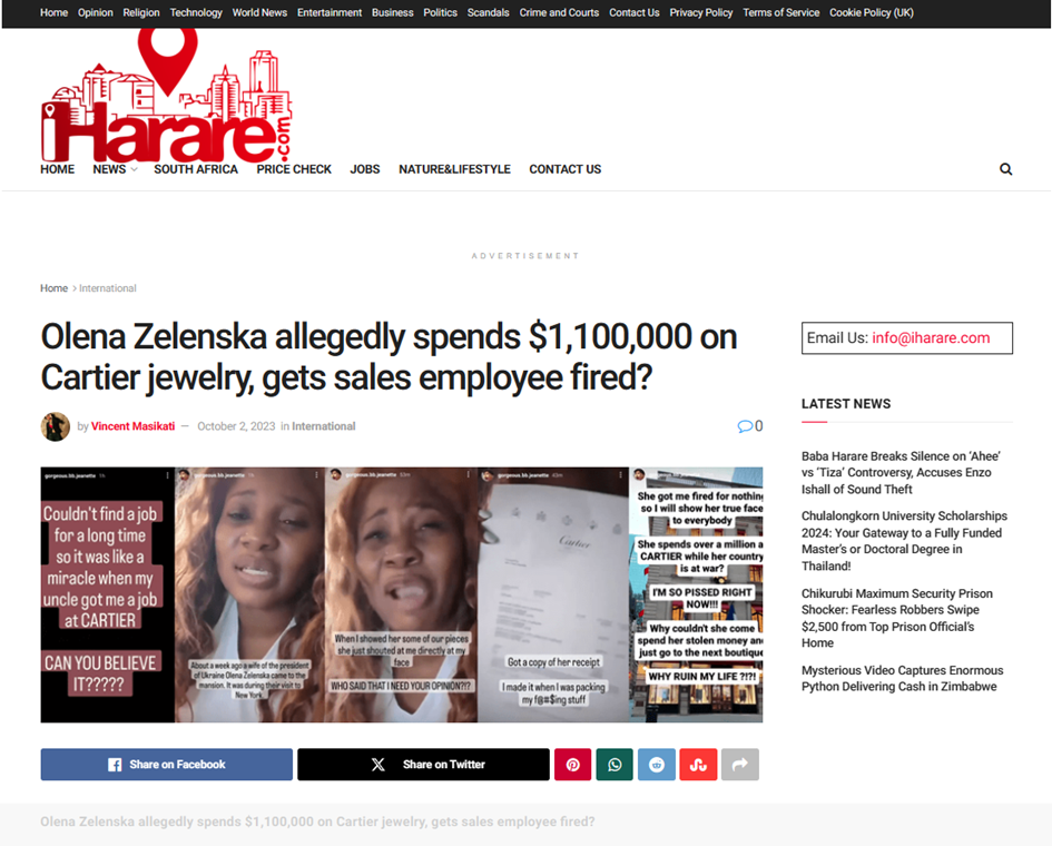 Původní zimbabwský web se zveřejněnou dezinformací